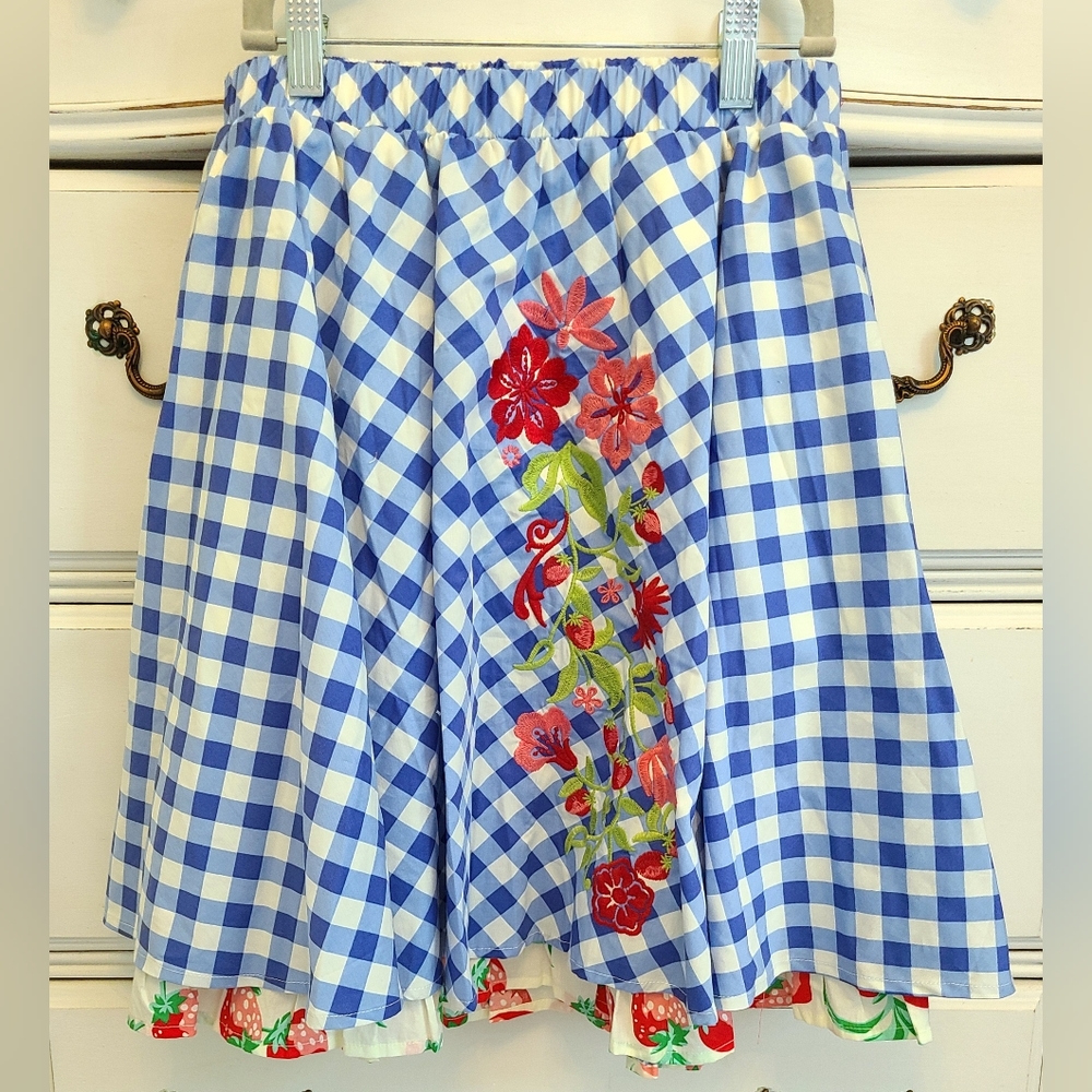 Blue gingham A-line skirt with strawberry lining by Matilda Jane, size XS
